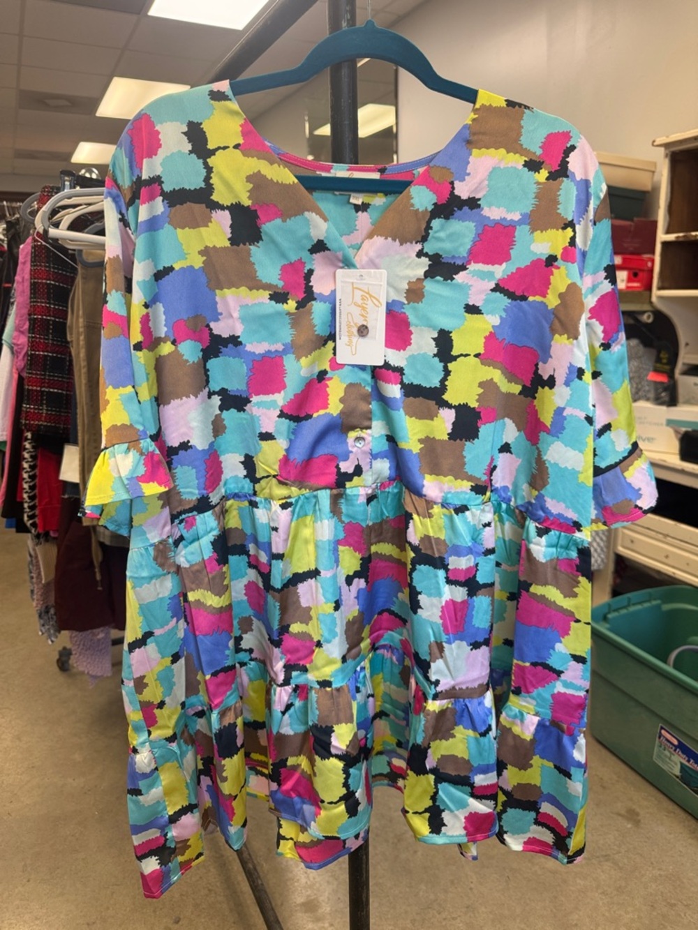Colorful Abstract Print V-Neck Blouse - Multi